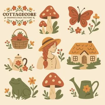 Cottagecore Theme Style Graphic Set Vector Template Stock Illustration