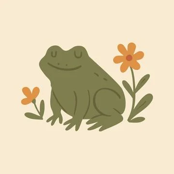 Cottagecore Theme Style Green Frog Vector Template Stock Illustration
