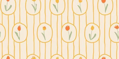 Cottagecore tulip stripe pattern, hand drawn naive flowers in oval medallions Stock Illustration