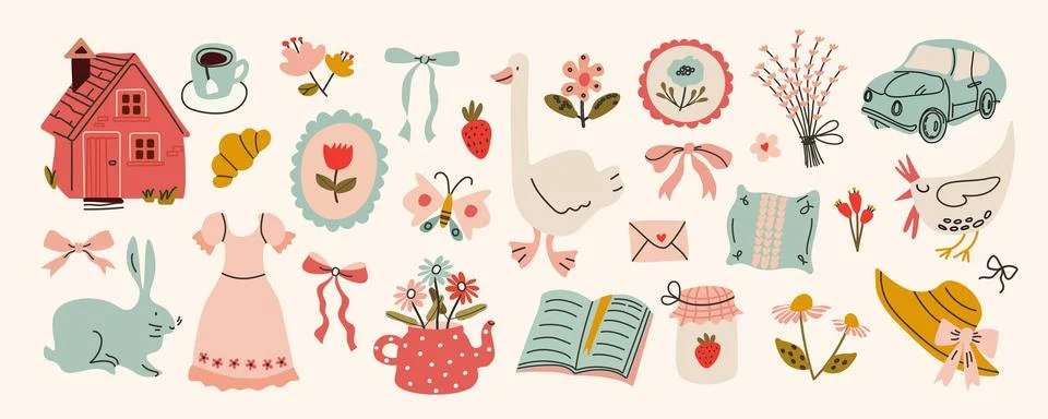 Cottagecore vector set with cute flat elements. Hand drawn flowers, bows, b.. Stock Illustration