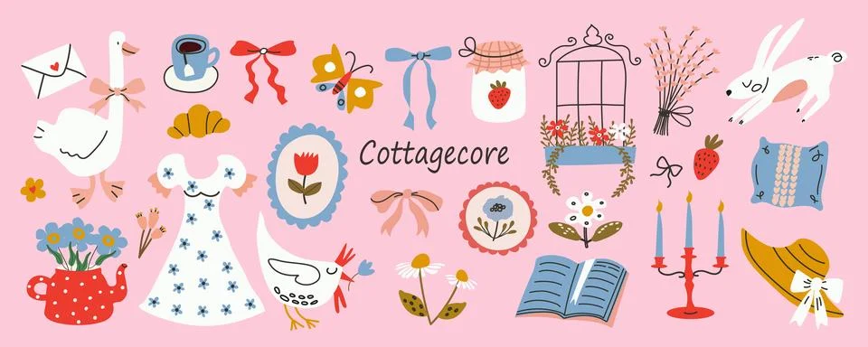 Cottagecore vector set with cute flat elements. Hand drawn flowers, bows, b.. Stock Illustration