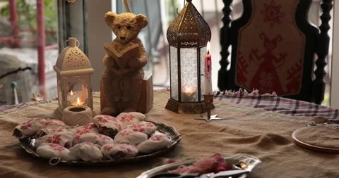 Cottagecore vintage decorative elements countryside style lamp bear embroidery Stock Footage 310242487