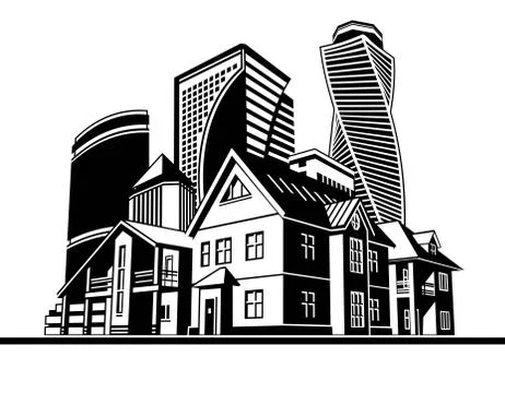 Cottages and skyscrapers Stock Illustration