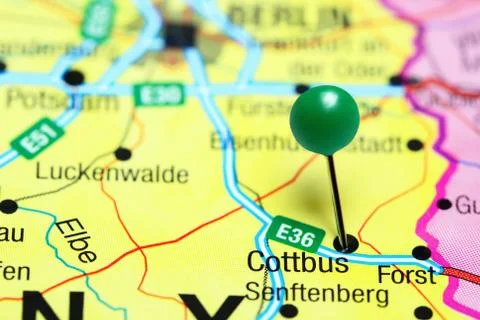 Cottbus pinned on a map of Germany Stock Photos