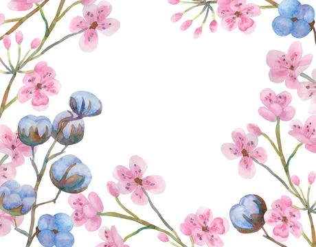 Cotton and cherry blossoms. Frame with empty place for text. Stock Illustration