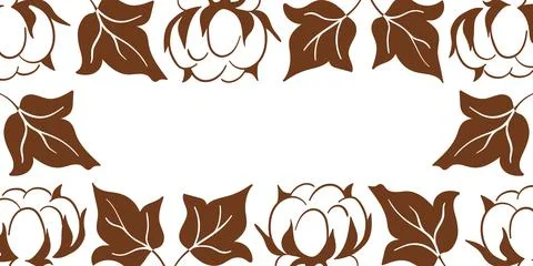 Cotton border element with brown plant leaf and fluffy flower bud. Botanical Stock Illustration