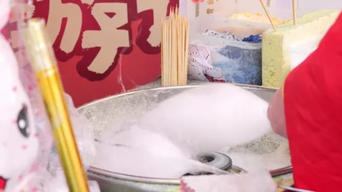 Cotton candy, also known as candy floss (candyfloss) and fairy floss Stock-Footage 265666587