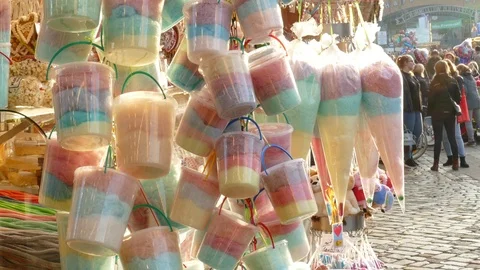 Cotton candy in buckets, candy stand on the Bremen Freimarkt, Bremen Stock Footage 120123458
