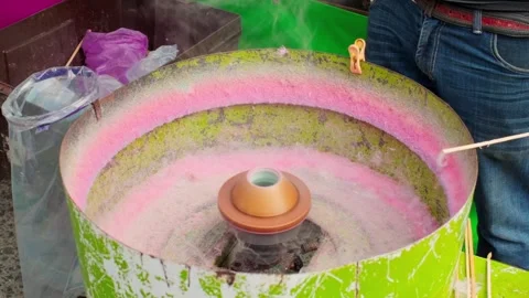 Cotton Candy Machine Spinning Sugar at Carnival Concession Stand Stock Footage 339839619