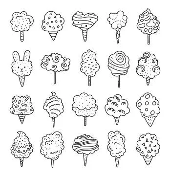 Cotton candy set in outline line art Stock Illustration