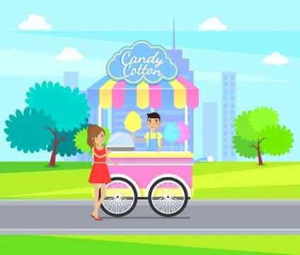 Cotton Candy Shop on Carts Vector Store on Wheels Stock Illustration