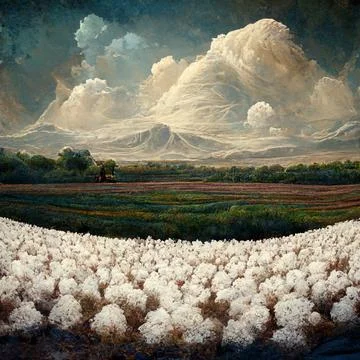 Cotton fields ready for harvesting, snow mountains and clouds. Stock Illustration