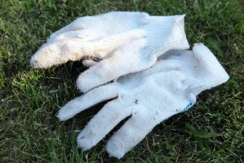 Cotton knitted work gloves lying on the mown lawn in the garden Fotos de archivo