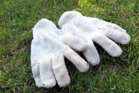Cotton knitted work gloves lying on the mown lawn in the garden Fotos de archivo