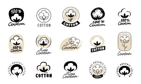 Cotton labels and badges set. Vector icon, sticker, stamp, tag with flower for Stock Illustration