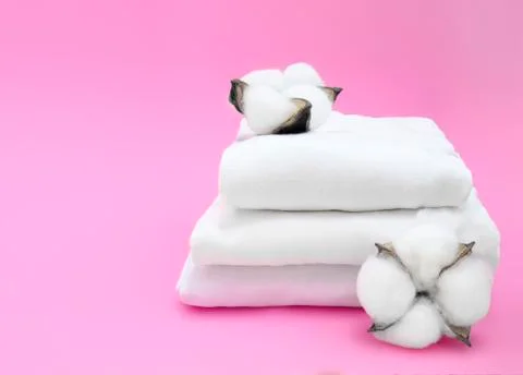Cotton plant and white folded fabric on pink background. Stock Photos
