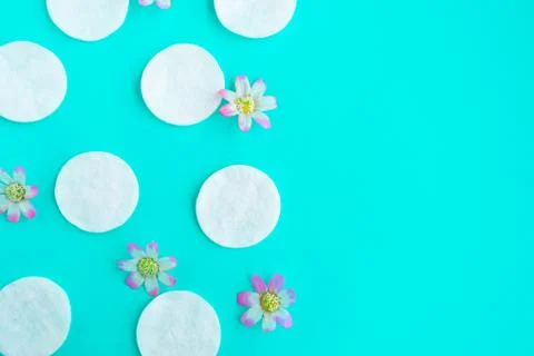 Cotton sponges pattern on blue background, minimal concept, copy space, banne Stock Photos