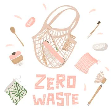 Cotton string bag and attributes of zero waste lifestyle. Stock Illustration