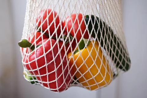 Cotton String Mesh Bag, Reusable Shopping Tote for Grocery with Vegetables Stock Photos