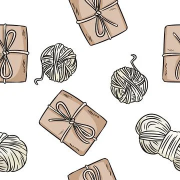 Cotton yarn and craft boxes comic style doodles top view seamless pattern. Ha Stockillustratie