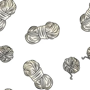 Cotton yarn comic style doodles top view seamless pattern. Cozy boho template 库存插图