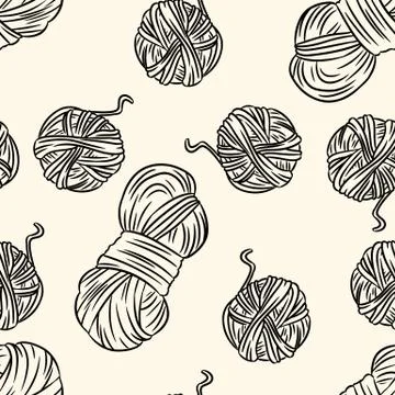 Cotton yarn threads comic style doodles top view seamless pattern. Cozy boho 스톡 일러스트