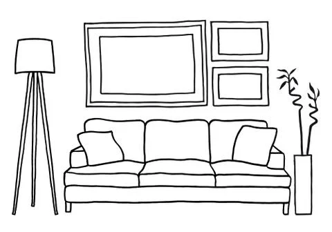 Couch and blank picture frames, vector mockup Stock Illustration