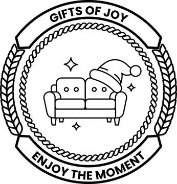 A couch with a hat on it and the words gifts of joy and enjoy the moment Stock Illustration