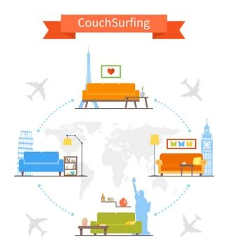 Couch Surfing and sharing economy concept. Vector illustration in flat style Stock Illustration