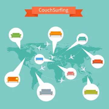 Couch Surfing and sharing economy concept. Vector illustration in flat style Stock-Illustration