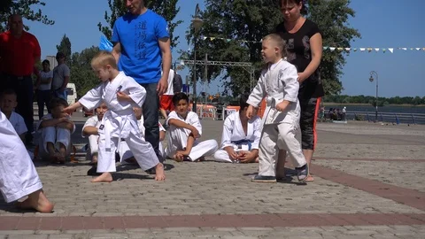 Couch trains karate to children with Down syndrome, Crystal child  Stock Footage 90284503