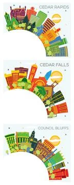 Council Bluffs, Cedar Rapids and Cedar Falls Iowa Skyline Set. Ilustración de archivo