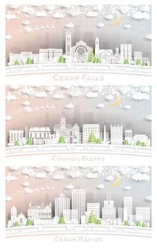 Council Bluffs, Cedar Rapids and Cedar Falls Iowa City Skyline Set. Stock Illustration