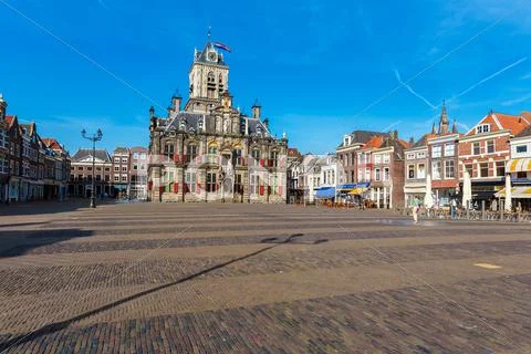 Council building and Central square in Delft, Netherlands Stock Photos