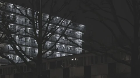 Council Flats at night with tree in front - C300 mkII CLog3 1080-25p Stock Footage 87085980
