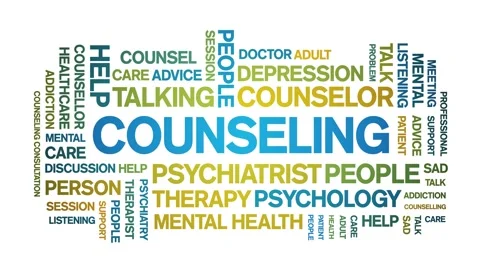 Counseling animated word cloud,animation text kinetic typography seamless  loop.