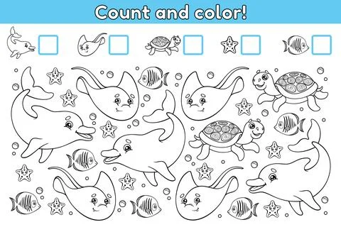 Count and color math game sea animals-1 Stock Illustration