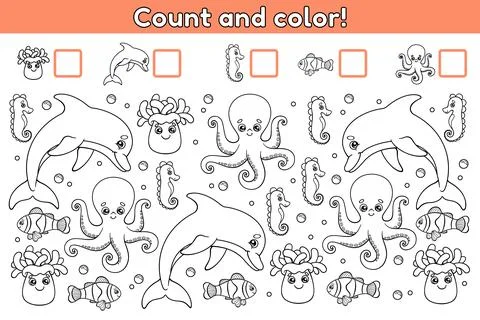 Count and color math game sea animals-2 Stock Illustration