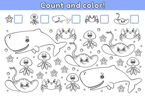 Count and color math game sea animals-3 Stock Illustration