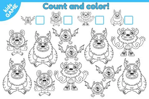 Count and color math game cartoon monsters-1 Stock Illustration