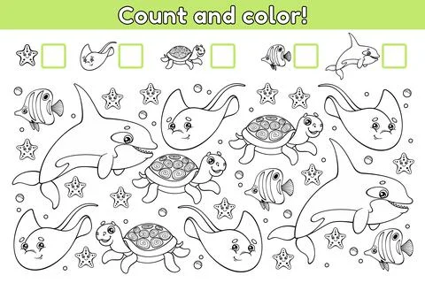 Count and color math game sea animals-5 Stock Illustration