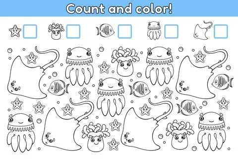 Count and color math game sea animals-4 Stock Illustration