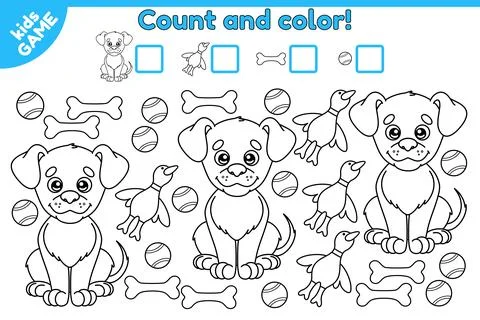 Count and color math game cartoon dog with toys-1 Stock Illustration