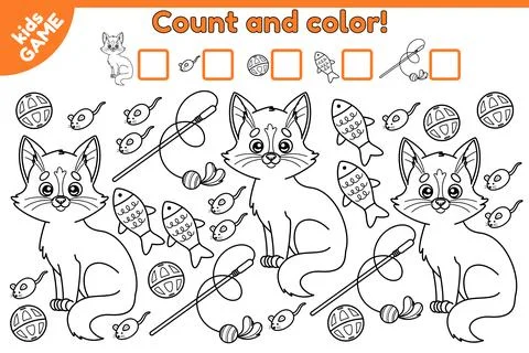 Count and color math game cartoon cat with toys-1 Stock Illustration