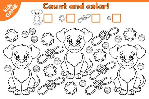Count and color math game cartoon dog with toys-2 Stock Illustration