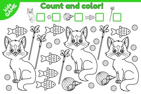 Count and color math game cartoon cat with toys-2 Stock Illustration