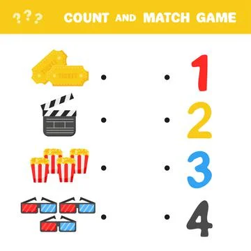 Count and match game. Count the amount of cinema items and match with numbers Stock Illustration
