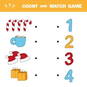 Count and match game. Count the amount of winter and Christmas items and match Illustrazione stock