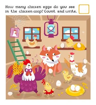 Count and write. Educational game for children. Funny family of rooster and hen  스톡 일러스트