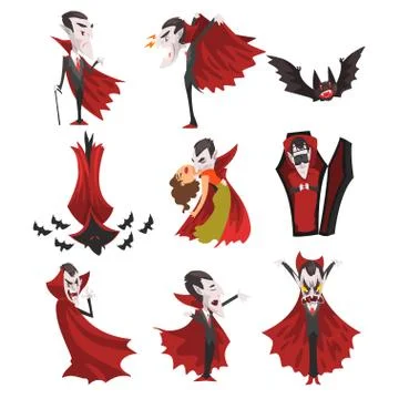 Count Dracula set, vampire cartoon character in red cape in different situations Illustrazione stock
